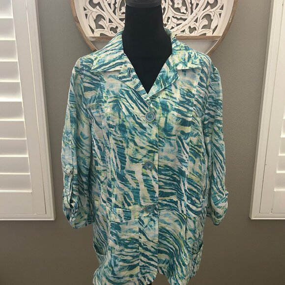 Chicos Women's Jacket Linen Blend Pockets Watercolor Animal Print SZ2/12 L - Picture 1 of 7